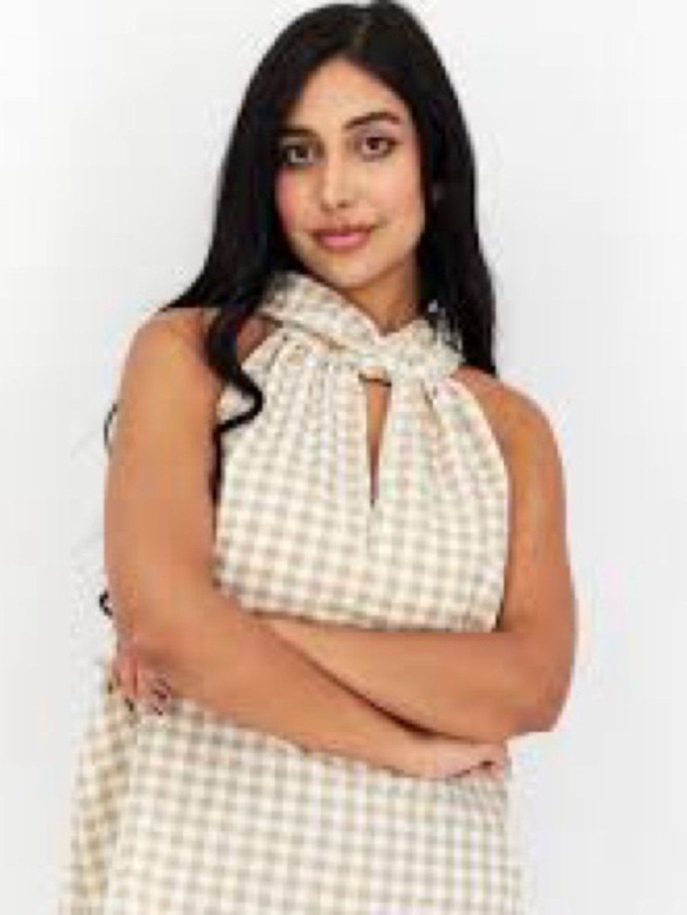 Sleeveless Bow Neck Gingham Top in Beige and White